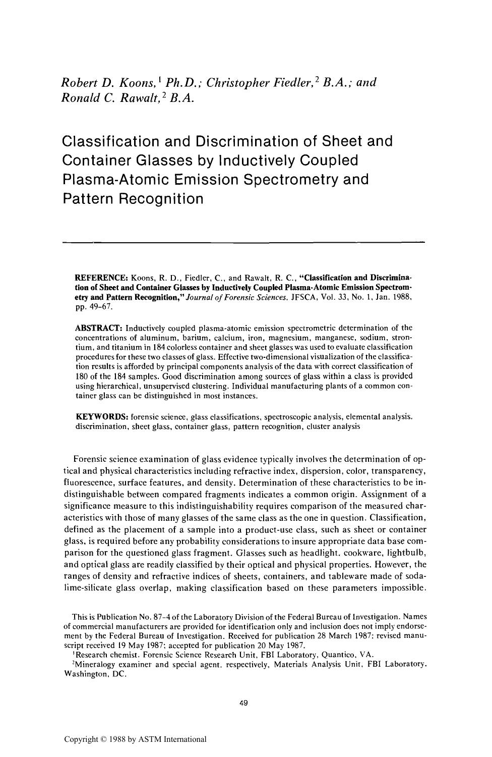 Classification and Discrimination of Sheet and Container Glasses by Inductively Coupled Plasma-Atomic Emission Spectrometry and Pattern Recognition by Koons RD Fiedler C Rawalt RC