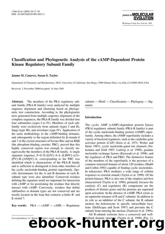 Classification and Phylogenetic Analysis of the cAMP-Dependent Protein Kinase Regulatory Subunit Family by Canaves J. et al