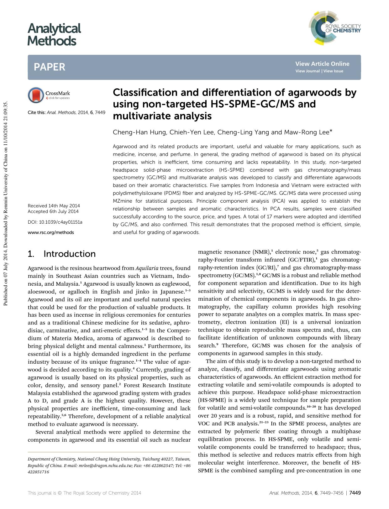 Classification and differentiation of agarwoods by using non-targeted HS-SPME-GCMS and multivariate analysis by Cheng-Han Hung & Chieh-Yen Lee & Cheng-Ling Yang & Maw-Rong Lee