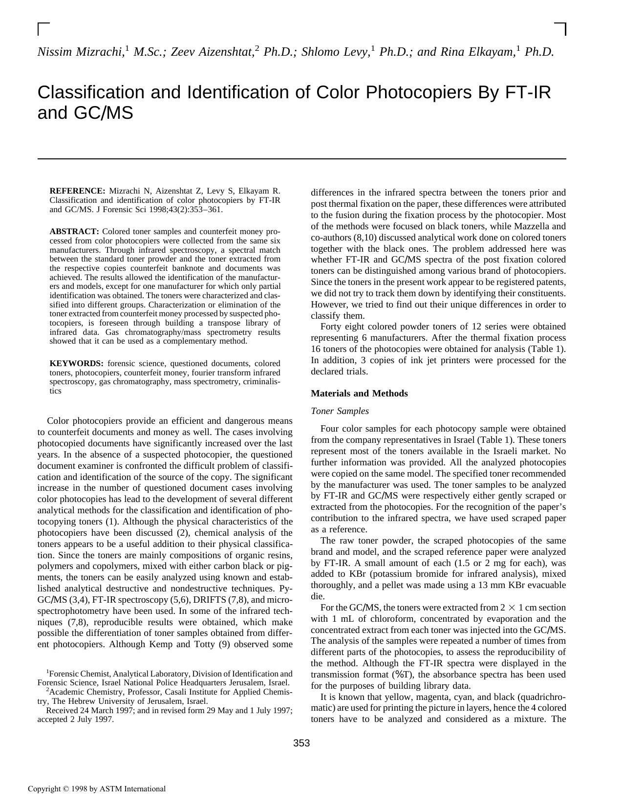 Classification and identification of color photcopiers by FT-IR and GCMS by Mizrachi N Aizenshtat Z Levy S Elkayam R