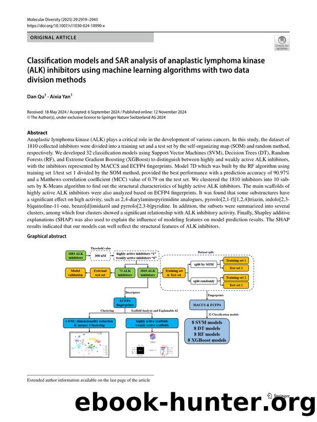 Classification models and SAR analysis of anaplastic lymphoma kinase (ALK) inhibitors using machine learning algorithms with two data division methods by Dan Qu & Aixia Yan