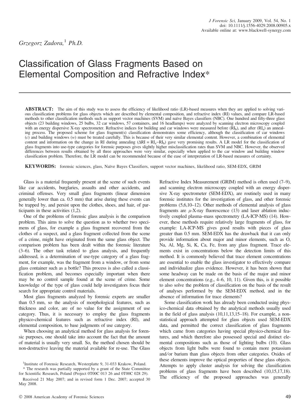 Classification of Glass Fragments Based on Elemental Composition and Refractive Index* by Unknown