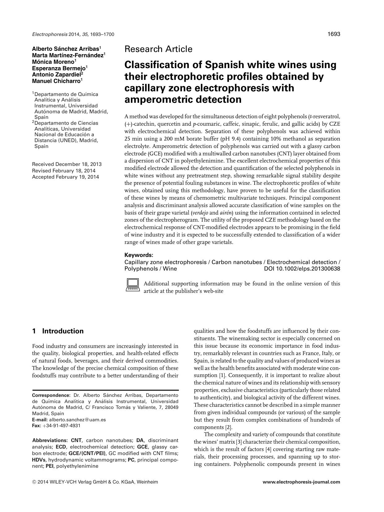Classification of Spanish white wines using their electrophoretic profiles obtained by capillary zone electrophoresis with amperometric detection by Unknown