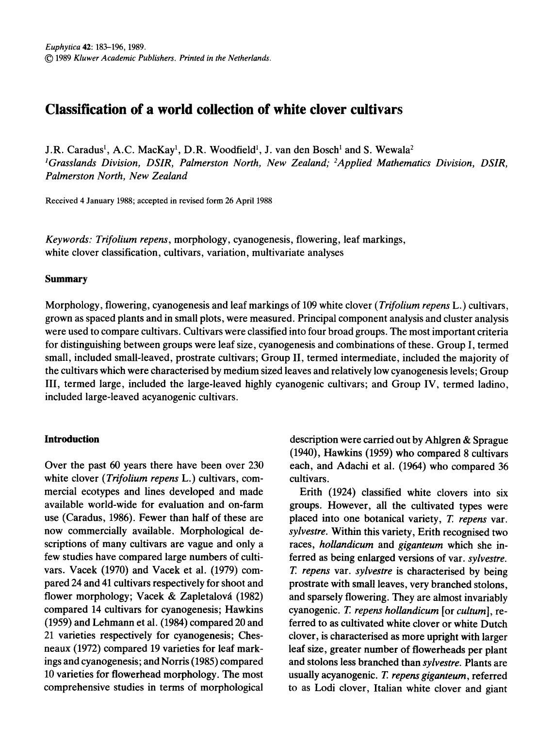 Classification of a world collection of white clover cultivars by Unknown