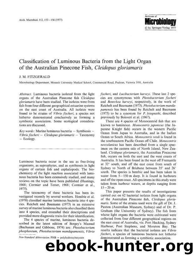 Classification of luminous bacteria from the light organ of the Australian Pinecone fish, <Emphasis Type="Italic">Cleidopus gloriamaris<Emphasis> by Unknown