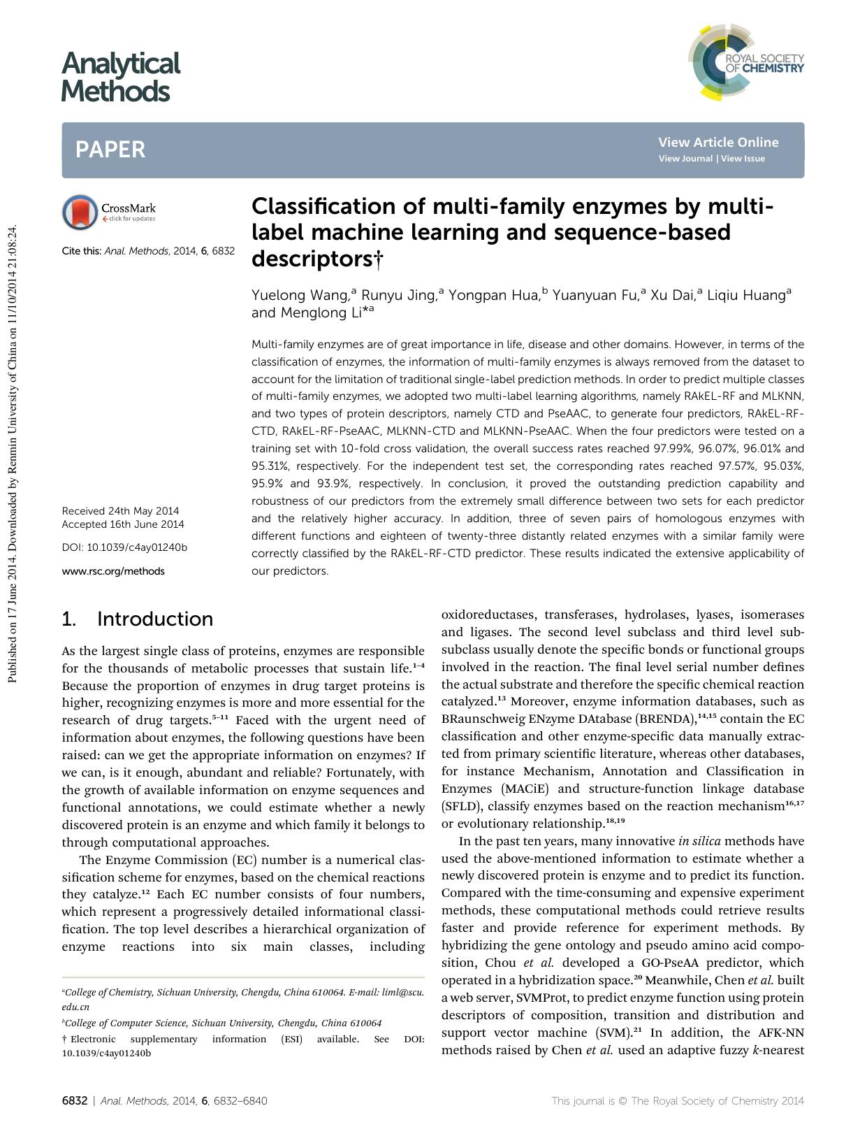 Classification of multi-family enzymes by multi-label machine learning and sequence-based descriptors by Yuelong Wang & Runyu Jing & Yongpan Hua & Yuanyuan Fu & Xu Dai & Liqiu Huang & Menglong Li
