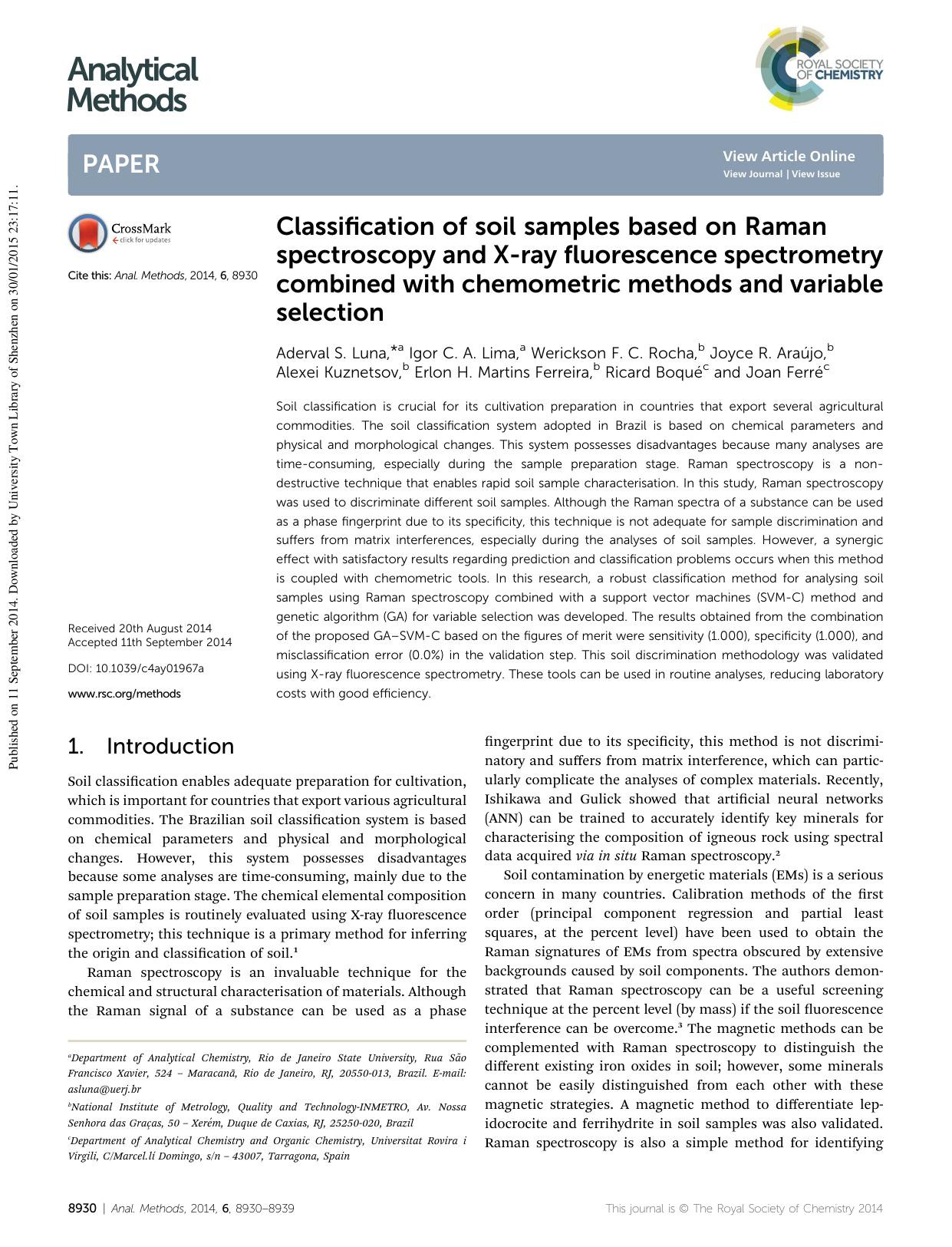 Classification of soil samples based on Raman spectroscopy and X-ray fluorescence spectrometry combined with chemometric methods and variable selection by unknow