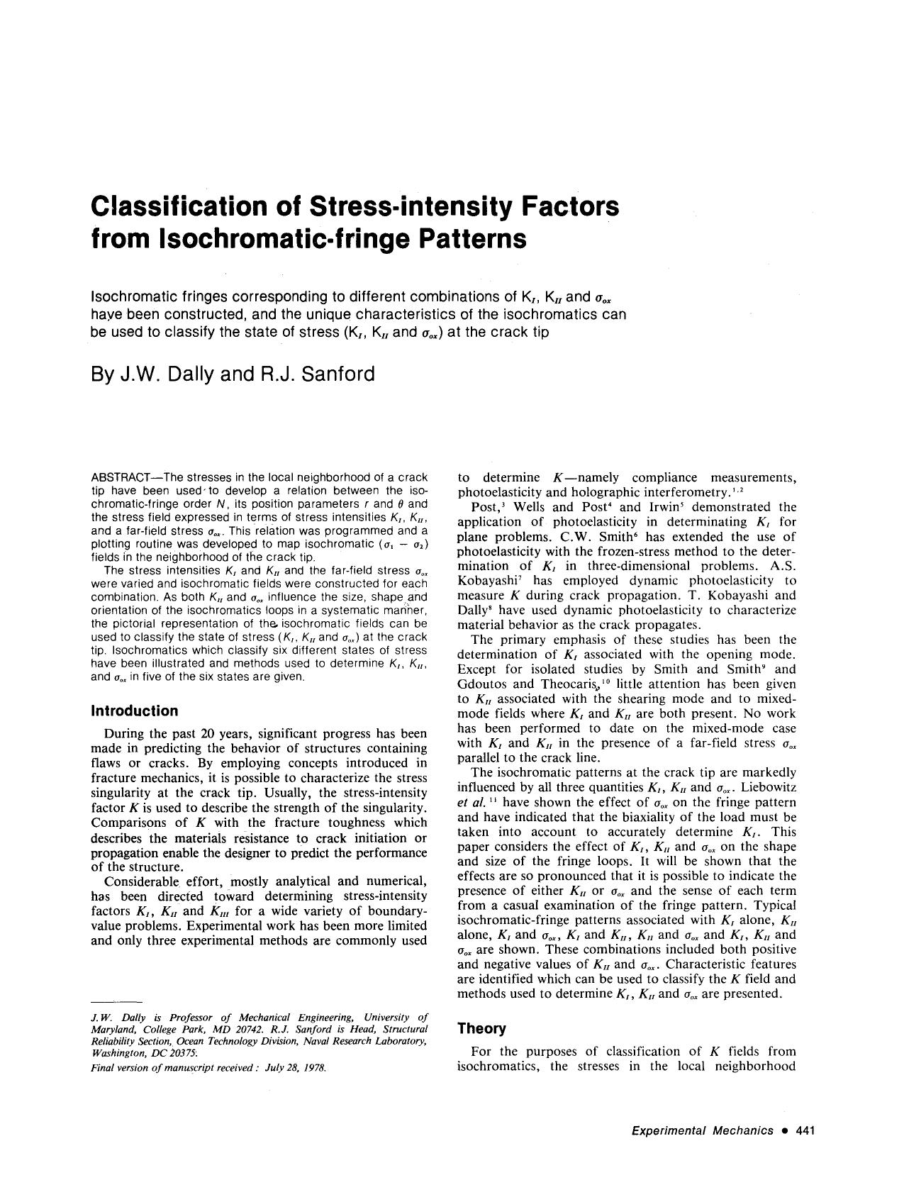 Classification of stress-intensity factors from isochromatic-fringe patterns by Unknown