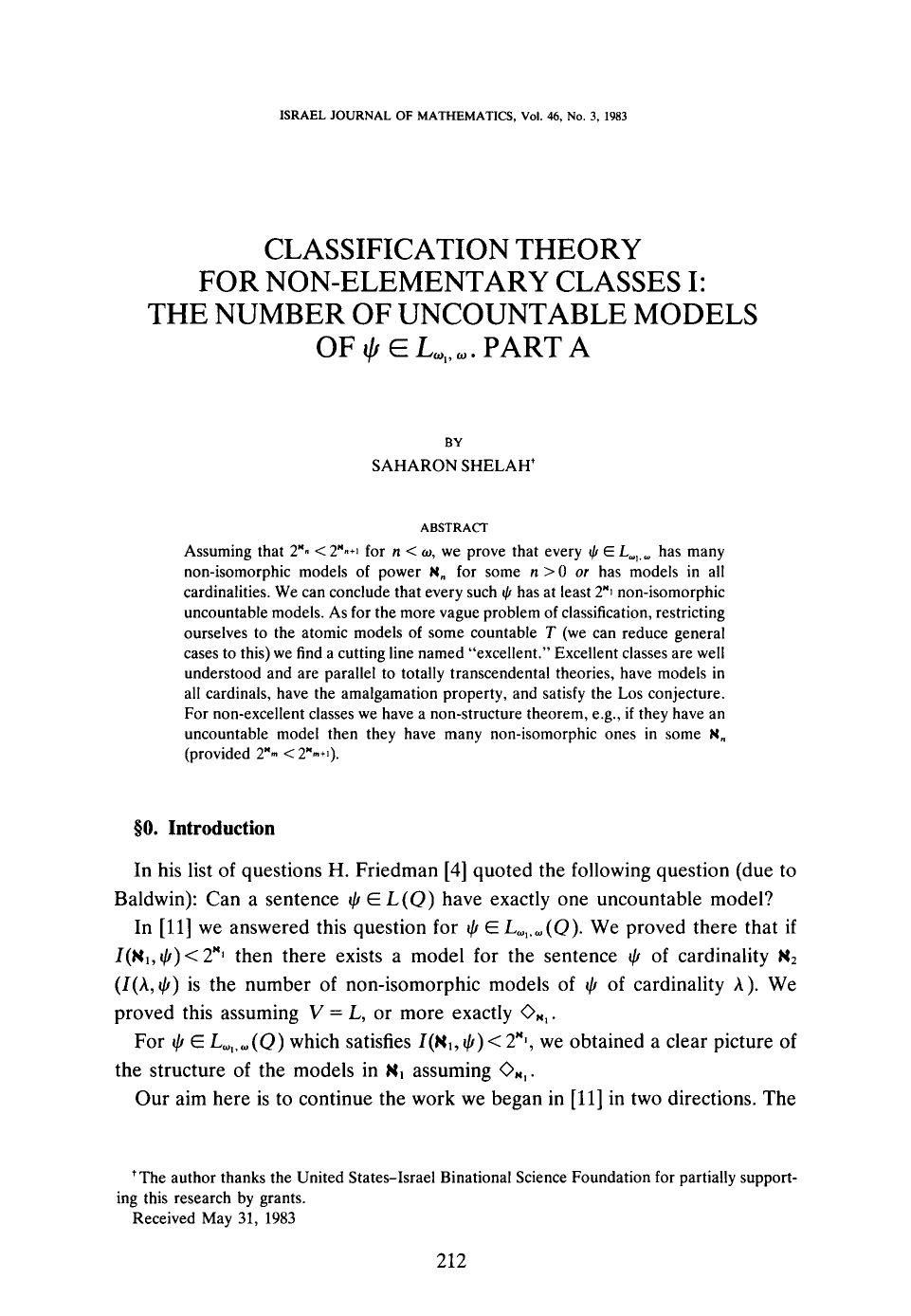 Classification theory for non-elementary classes I: The number of uncountable models of<Emphasis Type="Italic">ψ<Emphasis> ∈<Emphasis Type="Bold">L<Emphasis> <Subscri by Unknown