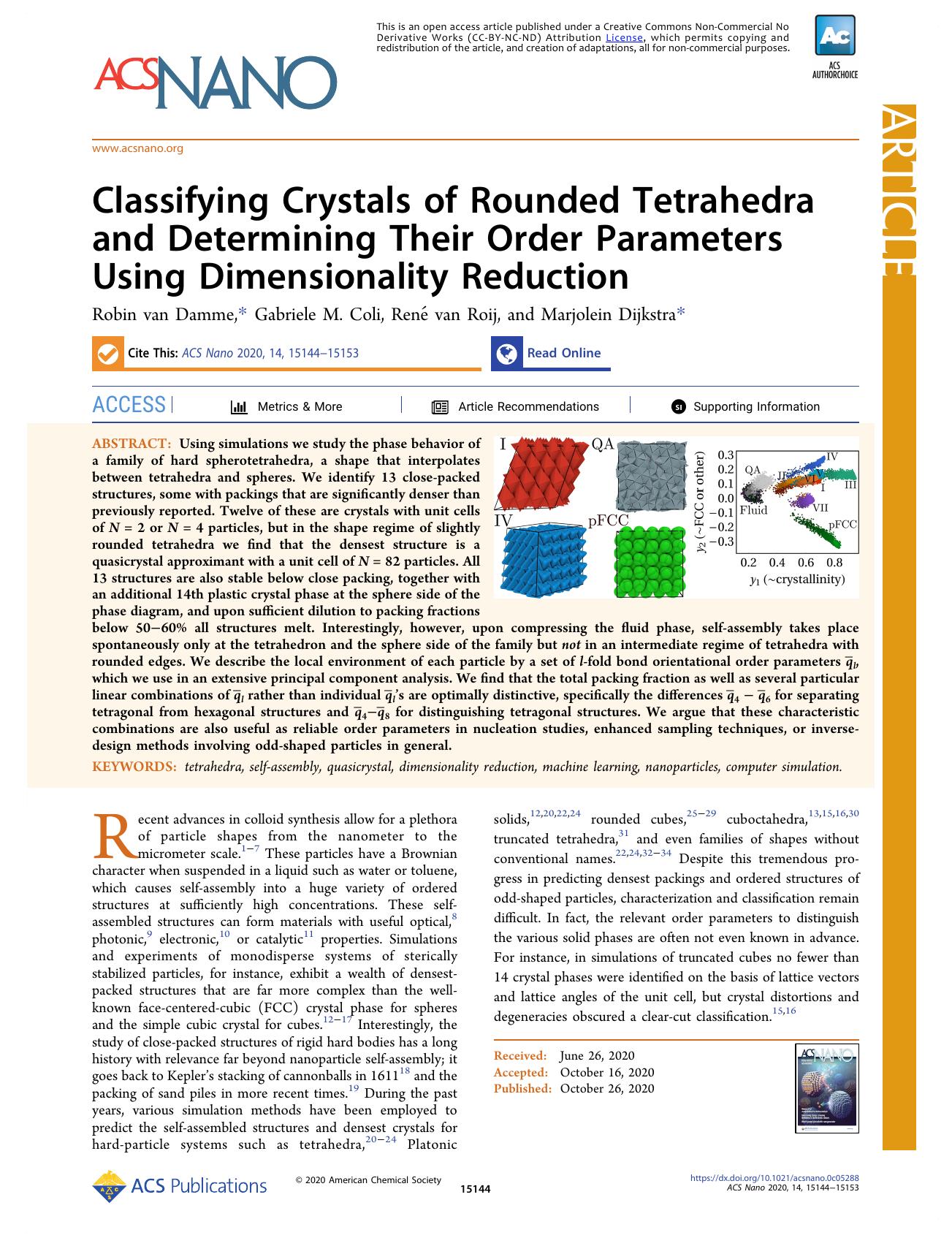 Classifying Crystals of Rounded Tetrahedra and Determining Their Order Parameters Using Dimensionality Reduction by Robin van Damme Gabriele M. Coli René van Roij and Marjolein Dijkstra
