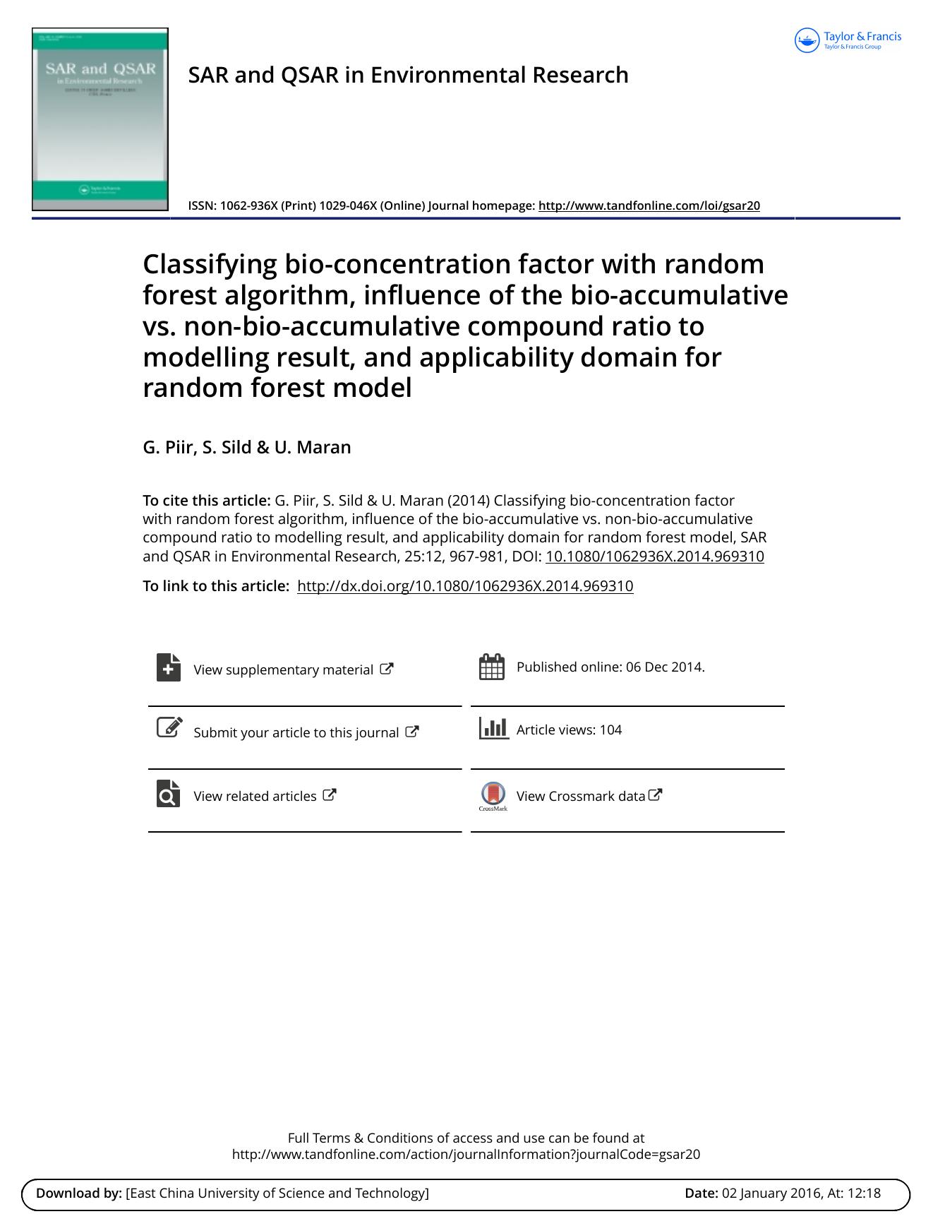 Classifying bio-concentration factor with random forest algorithm, influence of the bio-accumulative vs. non-bio-accumulative compound ratio to modelling result, and applicability by G. Piir