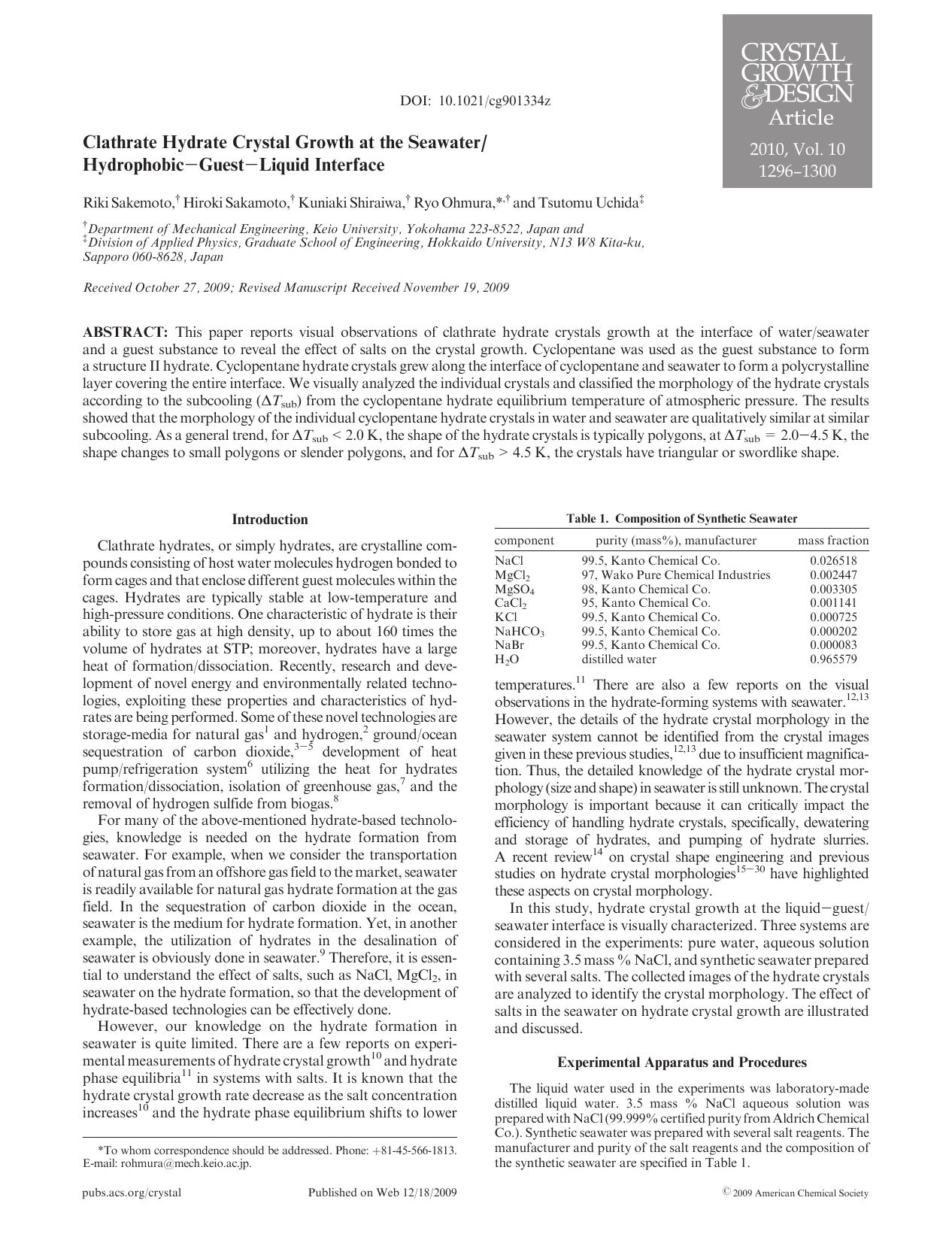 Clathrate Hydrate Crystal Growth at the SeawaterHydrophobicGuestLiquid Interface by Unknown