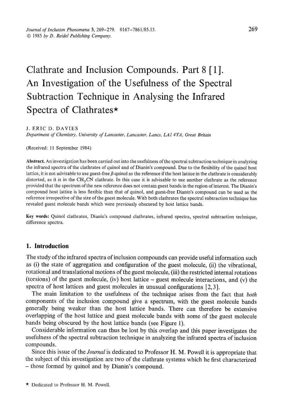 Clathrate and inclusion compounds. Part 8 [1]. An investigation of the usefulness of the spectral substraction technique in analysing the infrared spectra of clathrates by Unknown