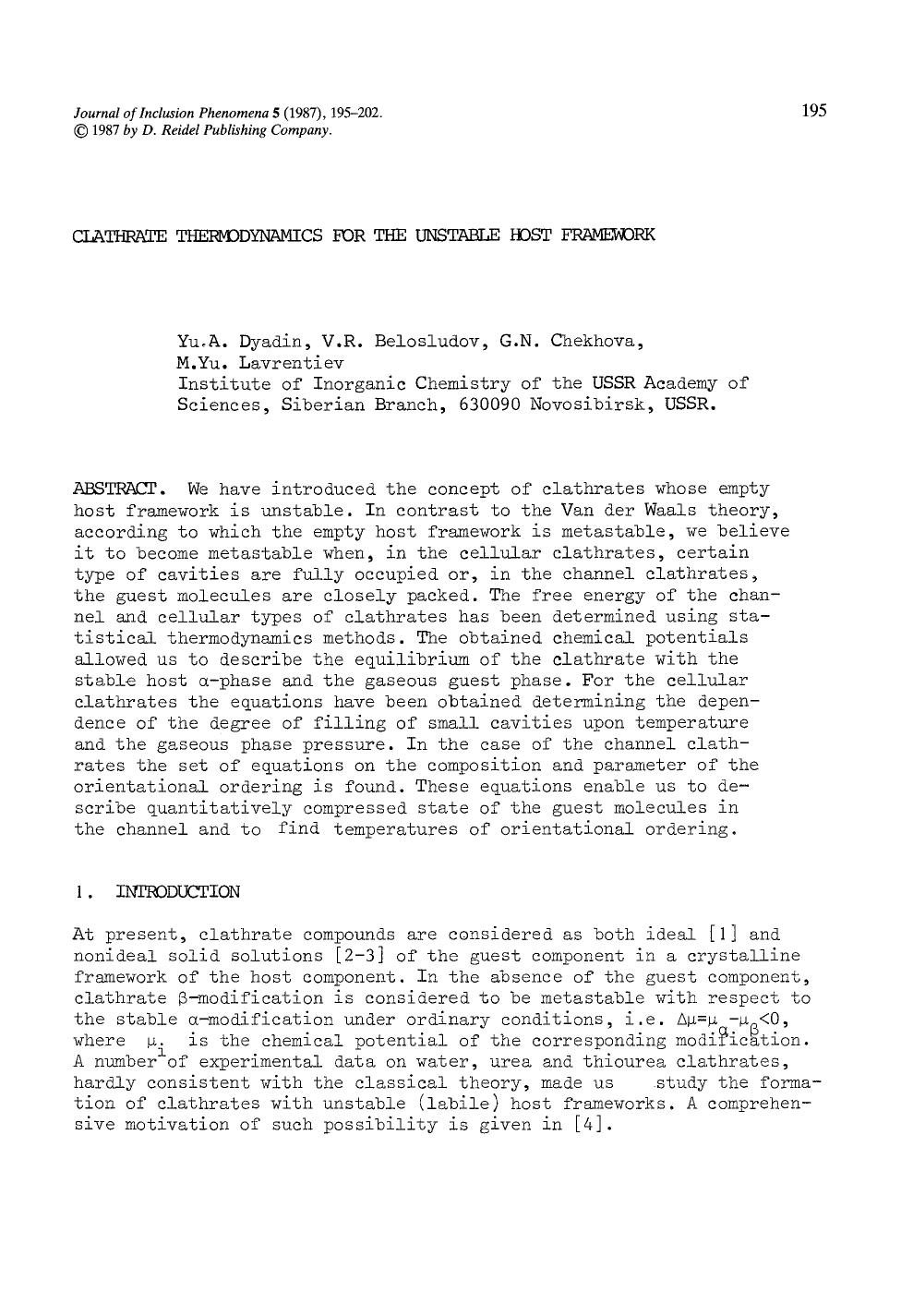 Clathrate thermodynamics for the unstable host framework by Unknown
