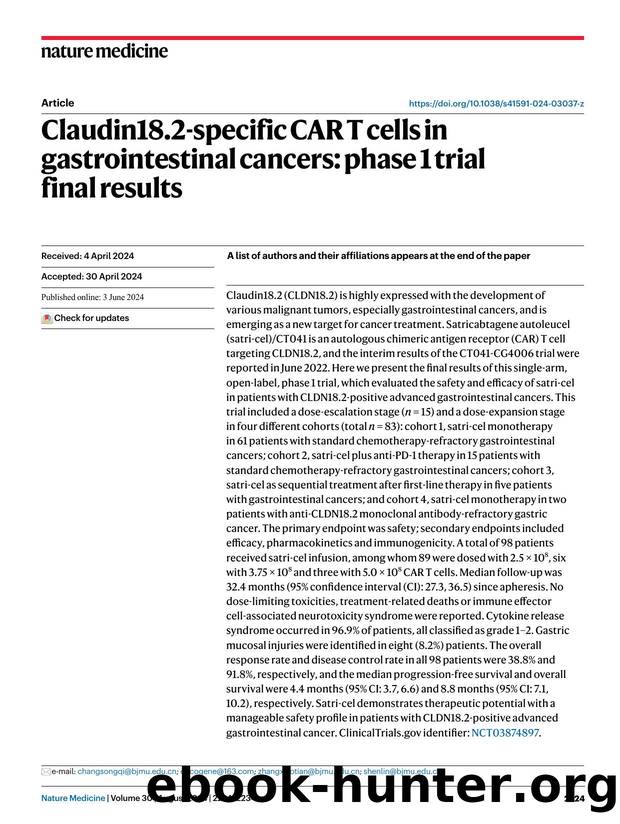 Claudin18.2-specific CAR T cells in gastrointestinal cancers: phase 1 trial final results by unknow