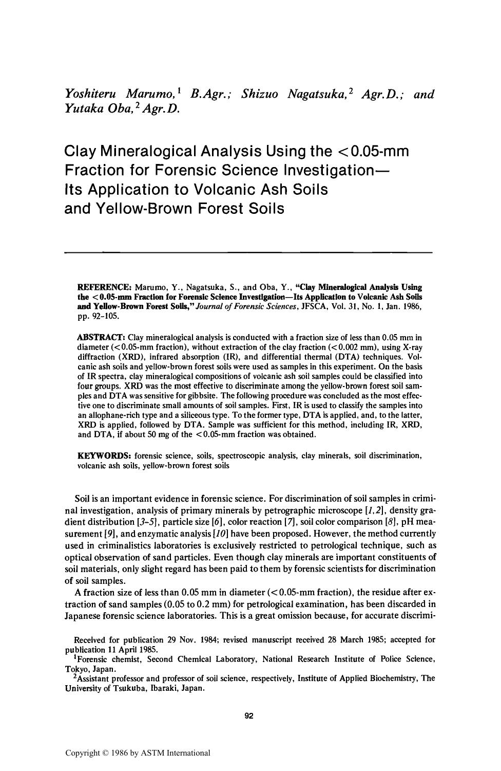 Clay Mineralogical Analysis Using the & 0.05-mm Fraction for Forensic Science InvestigationIts Application to Volcanic Ash Soils and Yellow-Brown Forest Soils by Marumo Y Nagatsuka S Oba Y