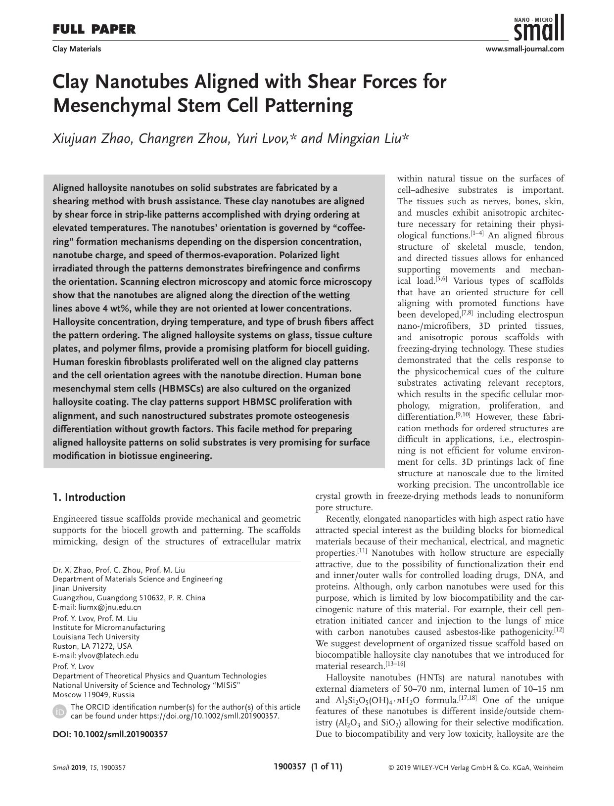 Clay Nanotubes Aligned with Shear Forces for Mesenchymal Stem Cell Patterning by Unknown