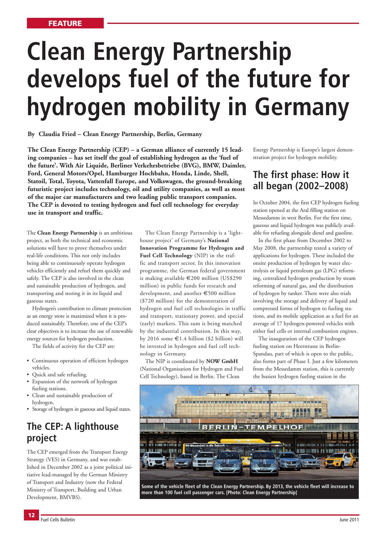 Clean Energy Partnership develops fuel of the future for hydrogen mobility in Germany by Claudia Fried