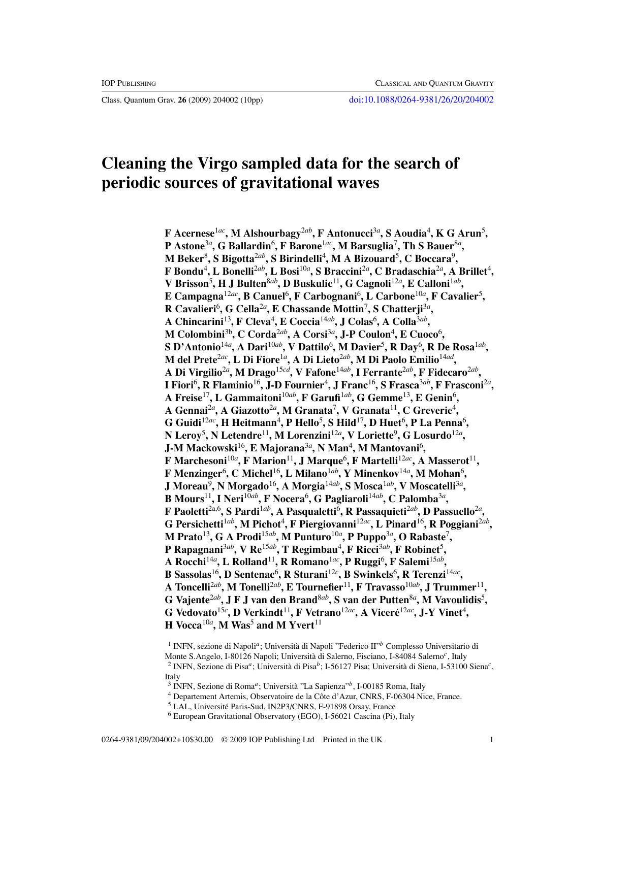 Cleaning the Virgo sampled data for the search of periodic sources of gravitational waves by F Acernese et al