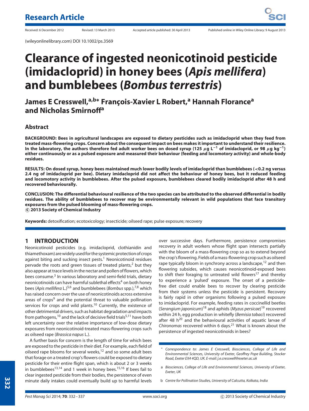 Clearance of ingested neonicotinoid pesticide (imidacloprid) in honey bees (Apis mellifera) and bumblebees (Bombus terrestris) by Unknown