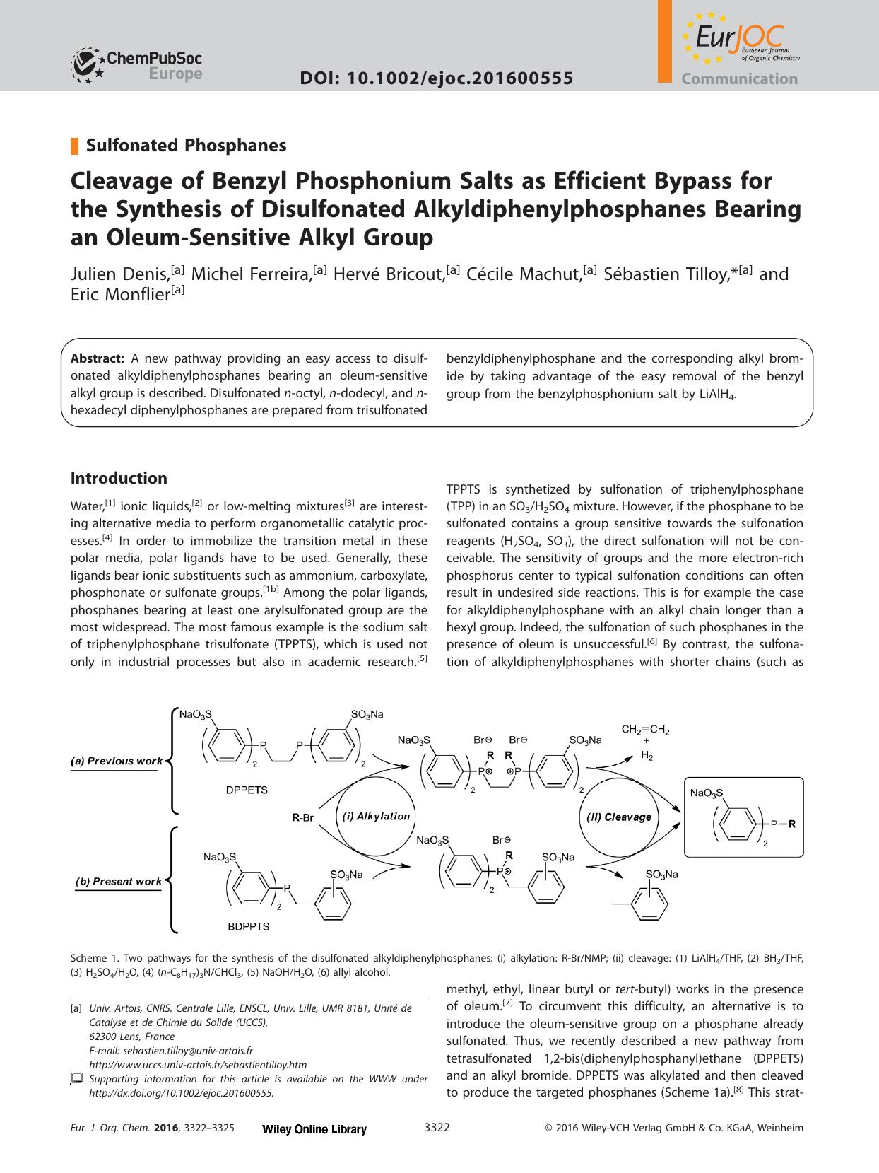 Cleavage of Benzyl Phosphonium Salts as Efficient Bypass for the Synthesis of Disulfonated Alkyldiphenylphosphanes Bearing an Oleum&#x02010;Sensitive Alkyl Group by Unknown