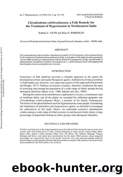 Clerodendrum colebrookianum, a Folk Remedy for the Treatment of Hypertension in Northeastern India by Subhan C. Nath & Dina N. Bordoloi