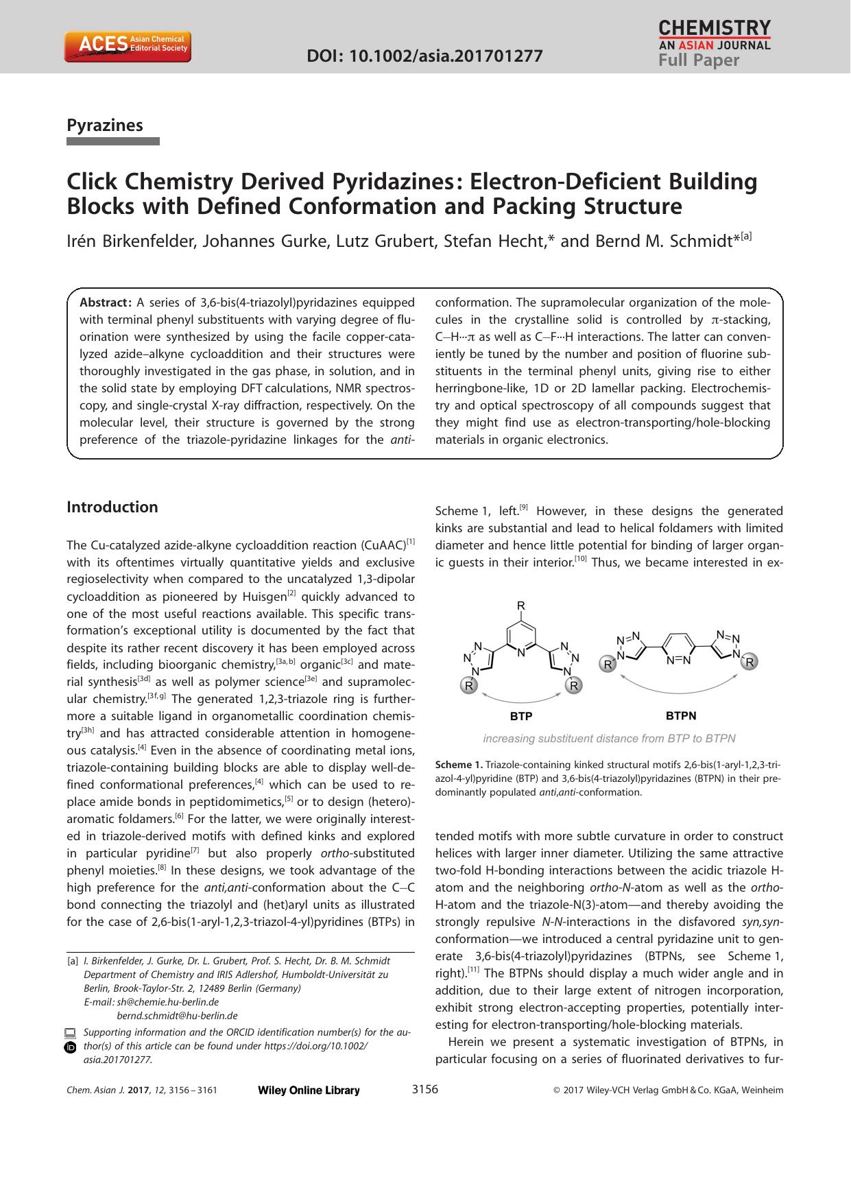 Click Chemistry Derived Pyridazines: ElectronâDeficient Building Blocks with Defined Conformation and Packing Structure by Unknown