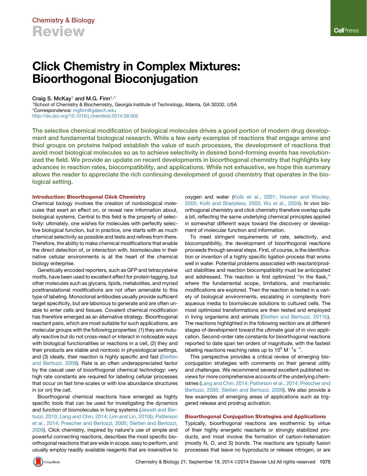 Click Chemistry in Complex Mixtures: Bioorthogonal Bioconjugation by Craig S. McKay & M.G. Finn