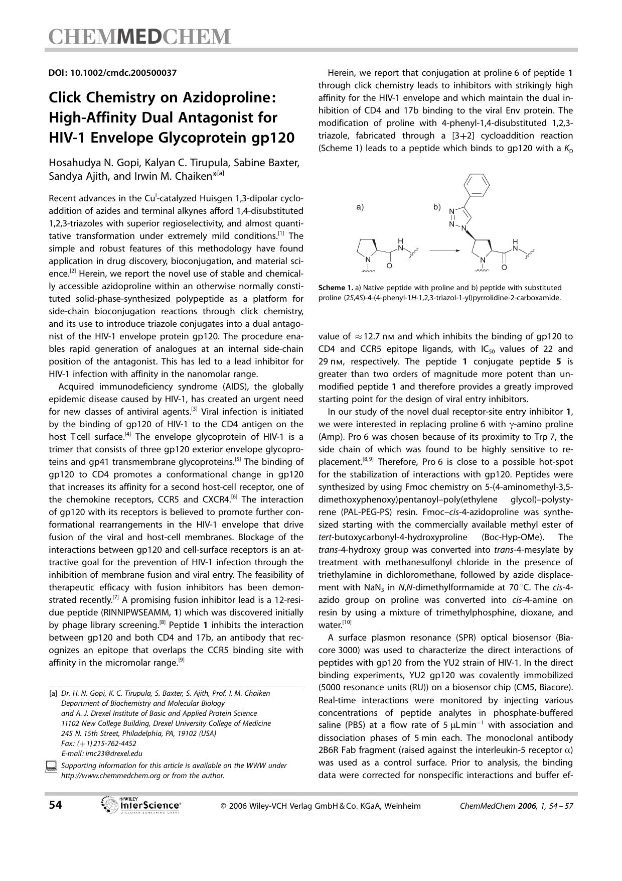 Click Chemistry on Azidoproline: High-Affinity Dual Antagonist for HIV-1 Envelope Glycoprotein gp120 by Unknown