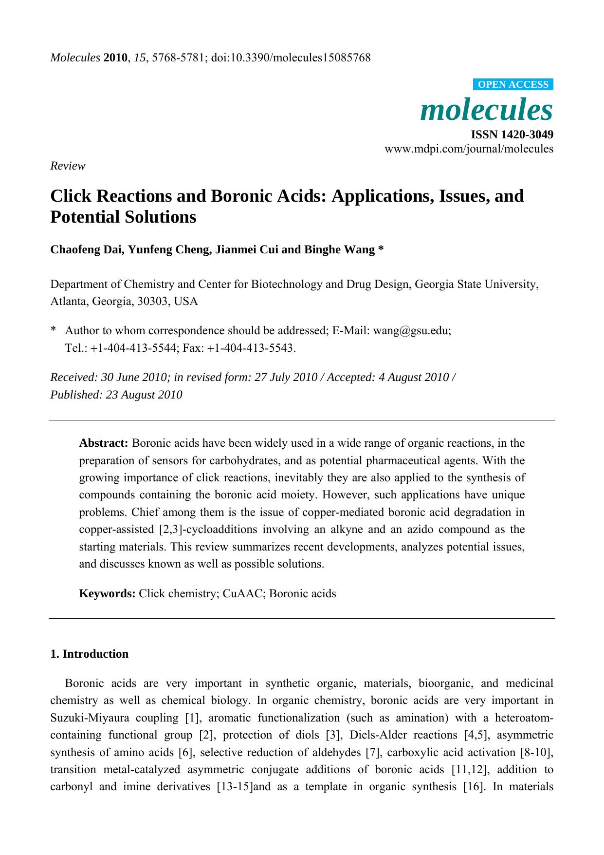 Click Reactions and Boronic Acids: Applications, Issues, and Potential Solutions by Chaofeng Dai & Yunfeng Cheng & Jianmei Cui & Binghe Wang