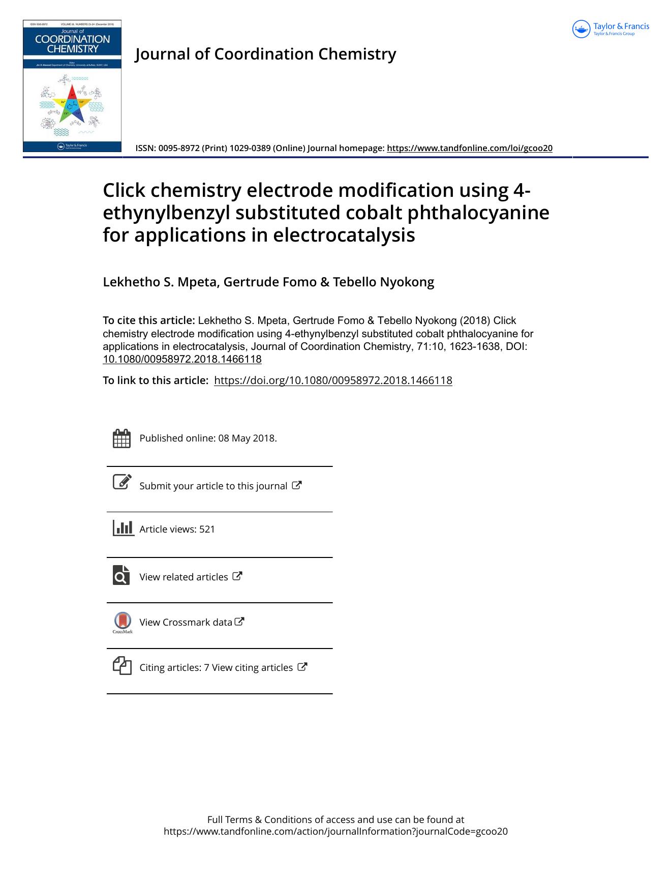Click chemistry electrode modification using 4-ethynylbenzyl substituted cobalt phthalocyanine for applications in electrocatalysis by Lekhetho S. Mpeta & Gertrude Fomo & Tebello Nyokong