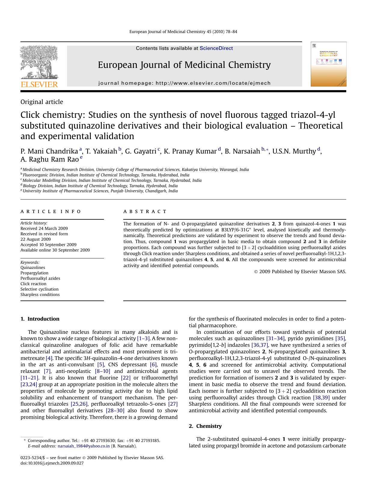 Click chemistry: Studies on the synthesis of novel fluorous tagged triazol-4-yl substituted quinazoline derivatives and their biological evaluation - Theoretical and experimental validation by unknow
