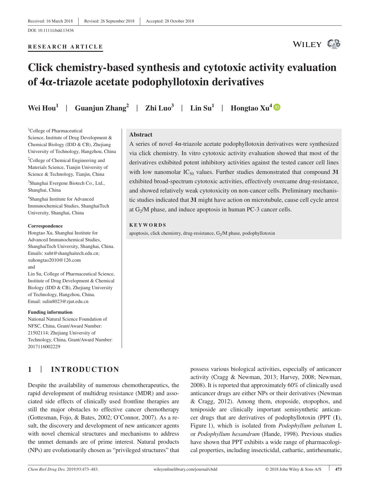 Click chemistry‐based synthesis and cytotoxic activity evaluation of 4α‐triazole acetate podophyllotoxin derivatives by unknow