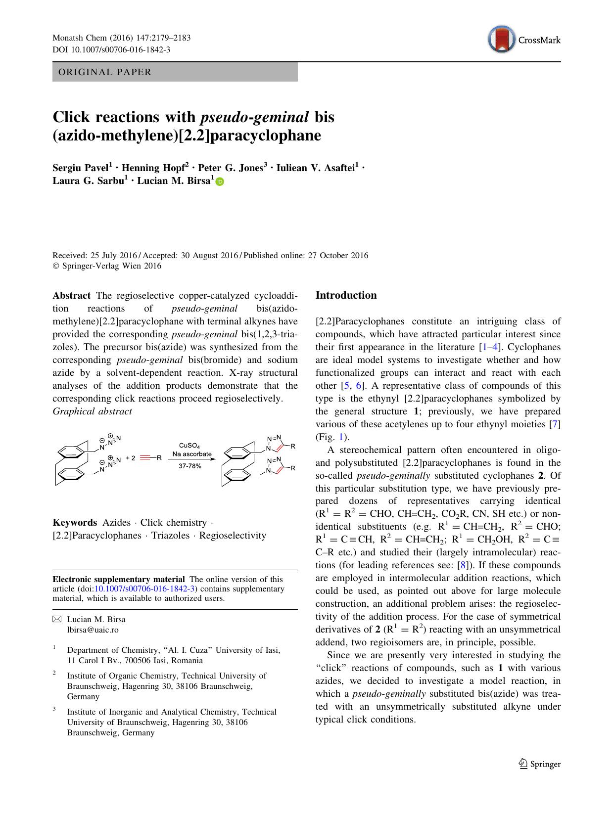 Click reactions with pseudo-geminal bis(azido-methylene)[2.2]paracyclophane by Sergiu Pavel & Henning Hopf & Peter G. Jones & Iuliean V. Asaftei & Laura G. Sarbu & Lucian M. Birsa