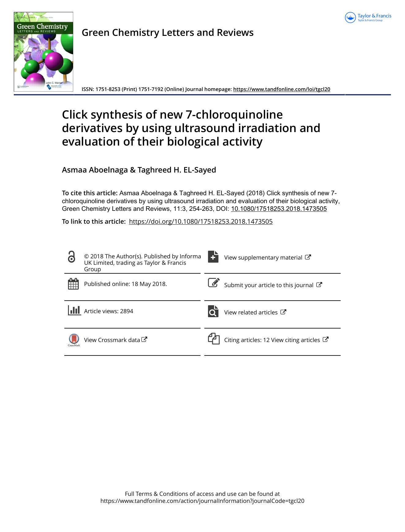 Click synthesis of new 7-chloroquinoline derivatives by using ultrasound irradiation and evaluation of their biological activity by Unknown
