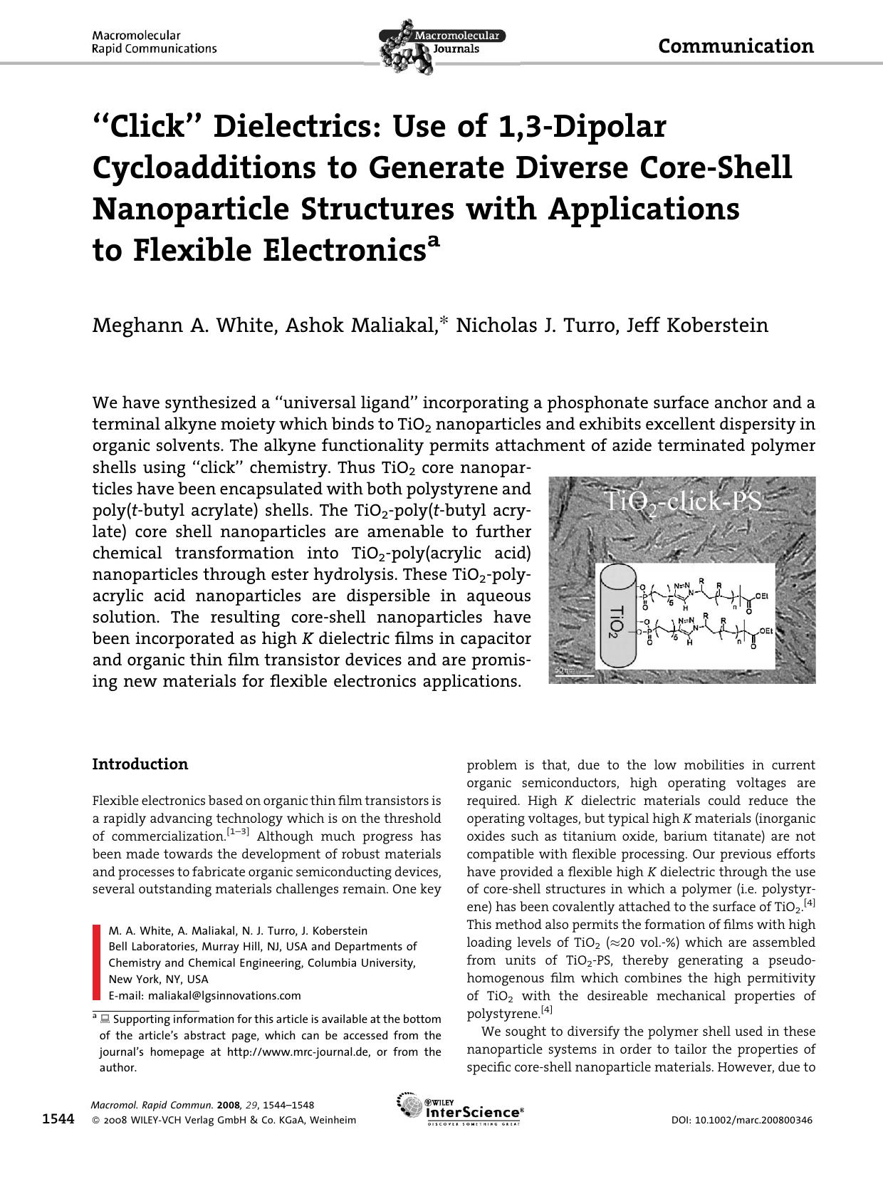 Click" Dielectrics: Use of 1,3-Dipolar Cycloadditions to Generate Diverse Core-Shell Nanoparticle Structures with Applications to Flexible Electronics by Unknown