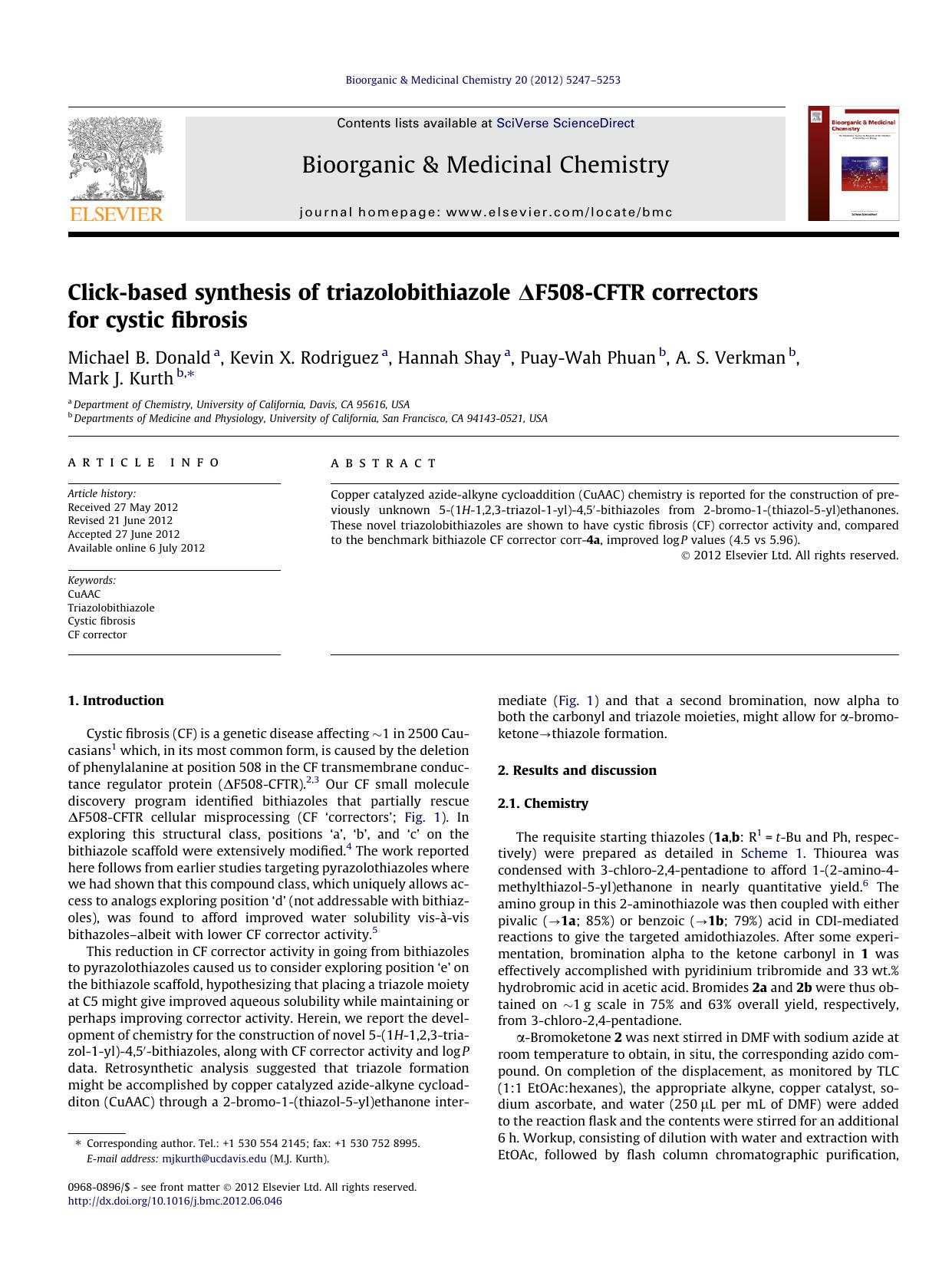 Click-based synthesis of triazolobithiazole ÃâF508-CFTR correctors for cystic fibrosis by Michael B. Donald & Kevin X. Rodriguez & Hannah Shay & Puay-Wah Phuan & A.S. Verkman & Mark J. Kurth