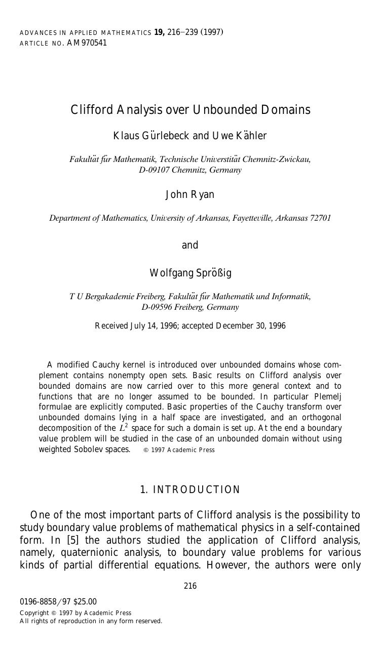 Clifford Analysis over Unbounded Domains by Gurlebeck K. et al