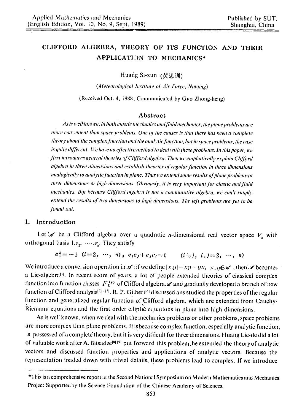 Clifford algebra, theory of its function and their applicaton to mechanics by Unknown