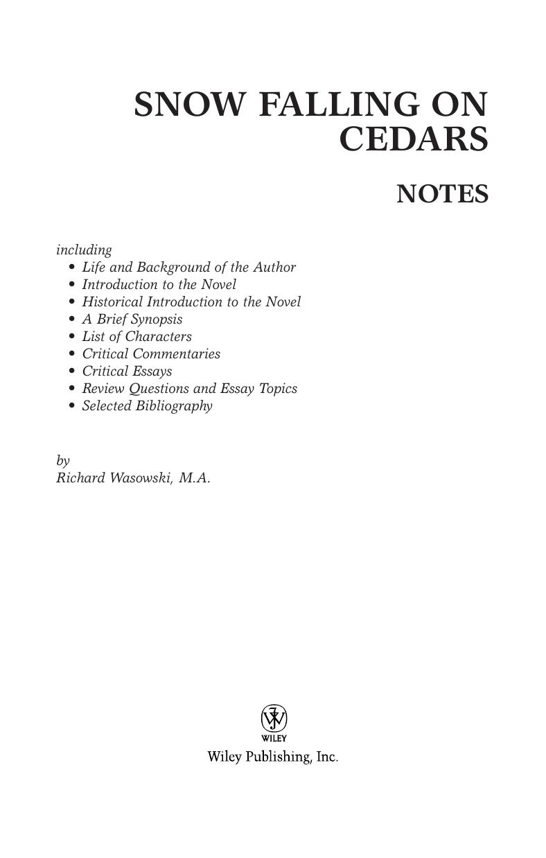 CliffsNotes Snow Falling on Cedars by Richard Wasowski