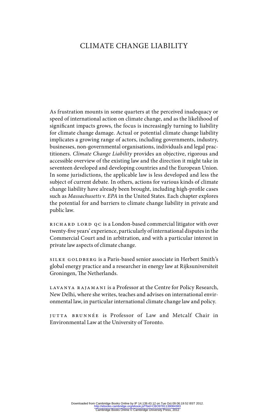 Climate Change Liability: Transnational Law and Practice by Richard Lord Qc & Silke Goldberg & Lavanya Rajamani & Jutta Brunnée