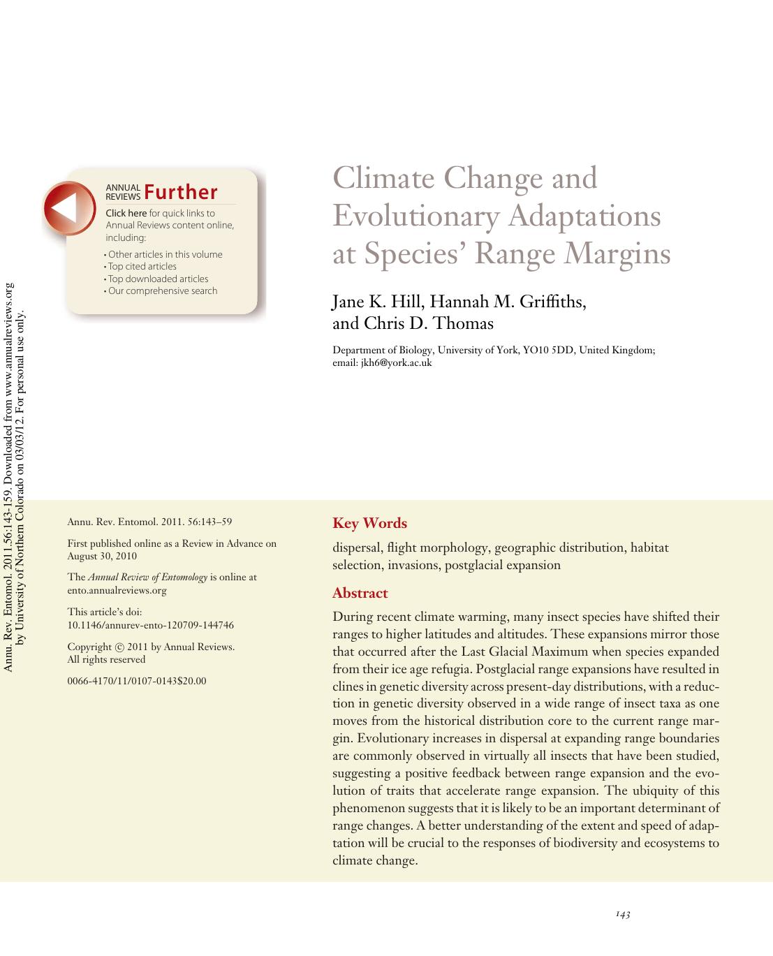 Climate Change and Evolutionary Adaptations at Species' Range Margins by Jane K. Hill Hannah M. Griffiths & Chris D. Thomas