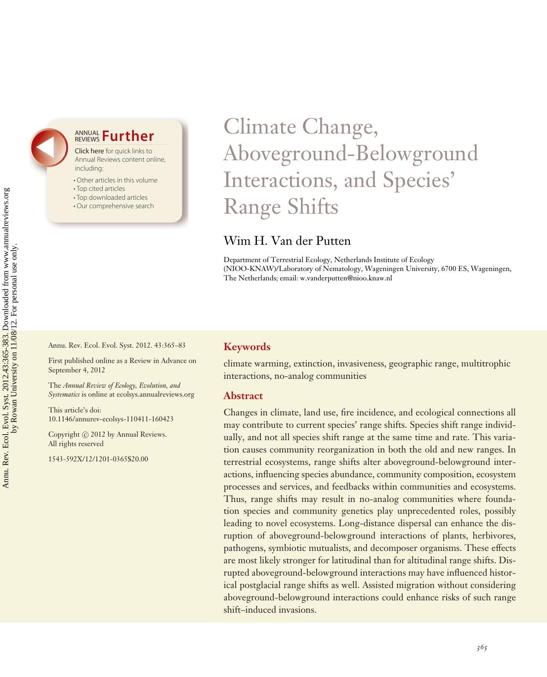 Climate Change, Aboveground-Belowground Interactions, and Species' Range Shifts by Wim H. Van der Putten
