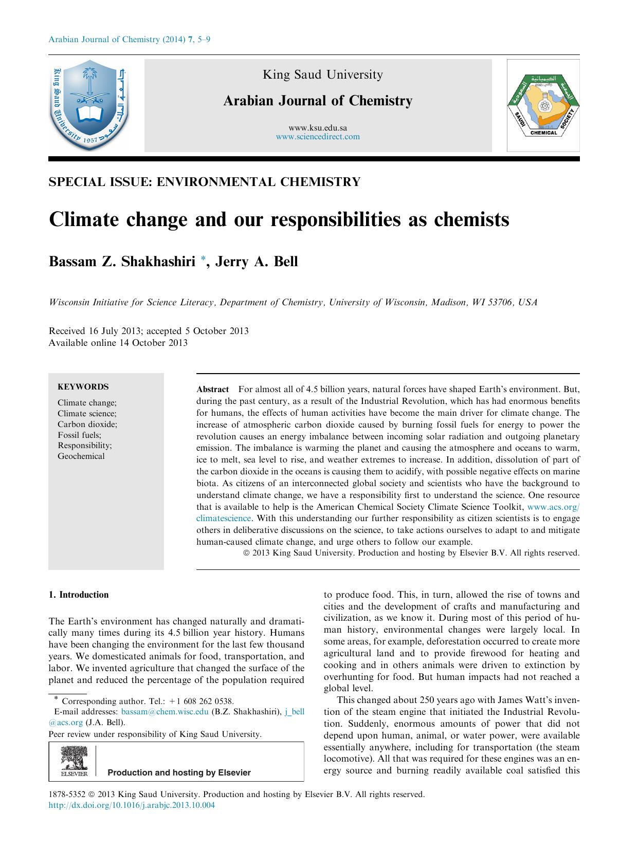Climate change and our responsibilities as chemists by Bassam Z. Shakhashiri & Jerry A. Bell