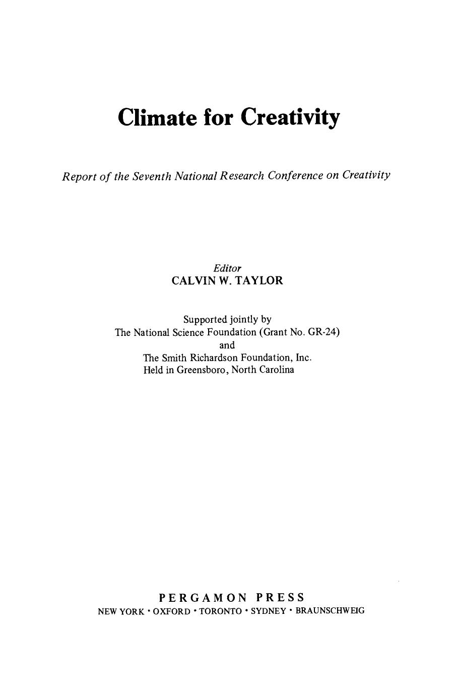 Climate for Creativity. Report of the Seventh National Research Conference on Creativity by Calvin W. Taylor (Eds.)