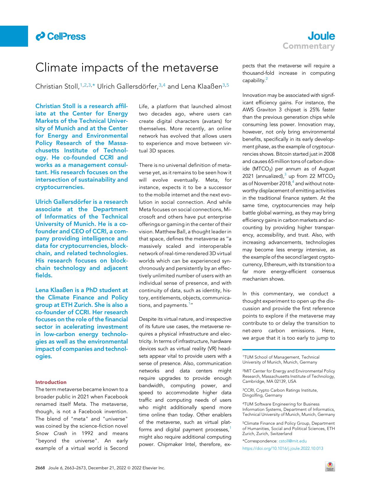 Climate impacts of the metaverse by Christian Stoll & Ulrich Gallersdörfer & Lena Klaaßen