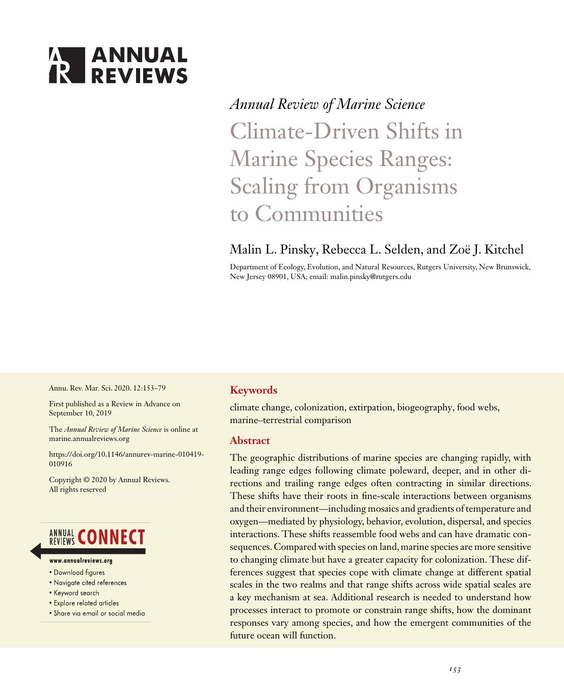 Climate-Driven Shifts in Marine Species Ranges: Scaling from Organisms to Communities by Malin L. Pinsky Rebecca L. Selden and Zoë J. Kitchel