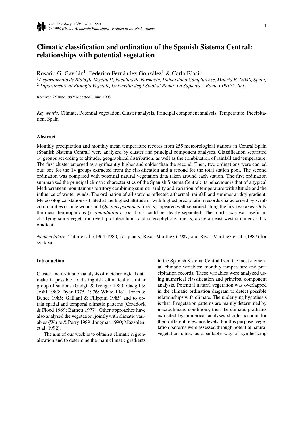 Climatic classification and ordination of the Spanish Sistema Central: relationships with potential vegetation by Unknown