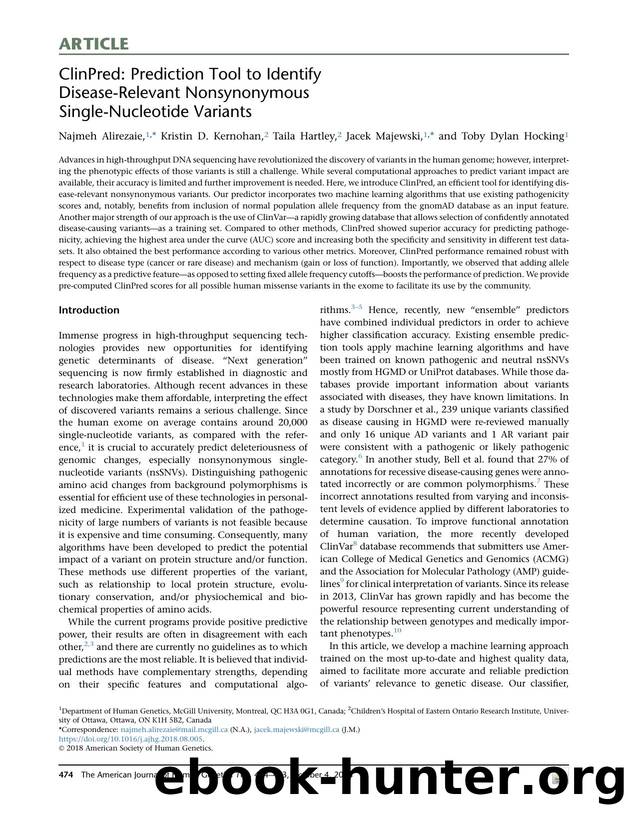 ClinPred: Prediction Tool to Identify Disease-Relevant Nonsynonymous Single-Nucleotide Variants by Najmeh Alirezaie & Kristin D. Kernohan & Taila Hartley & Jacek Majewski & Toby Dylan Hocking