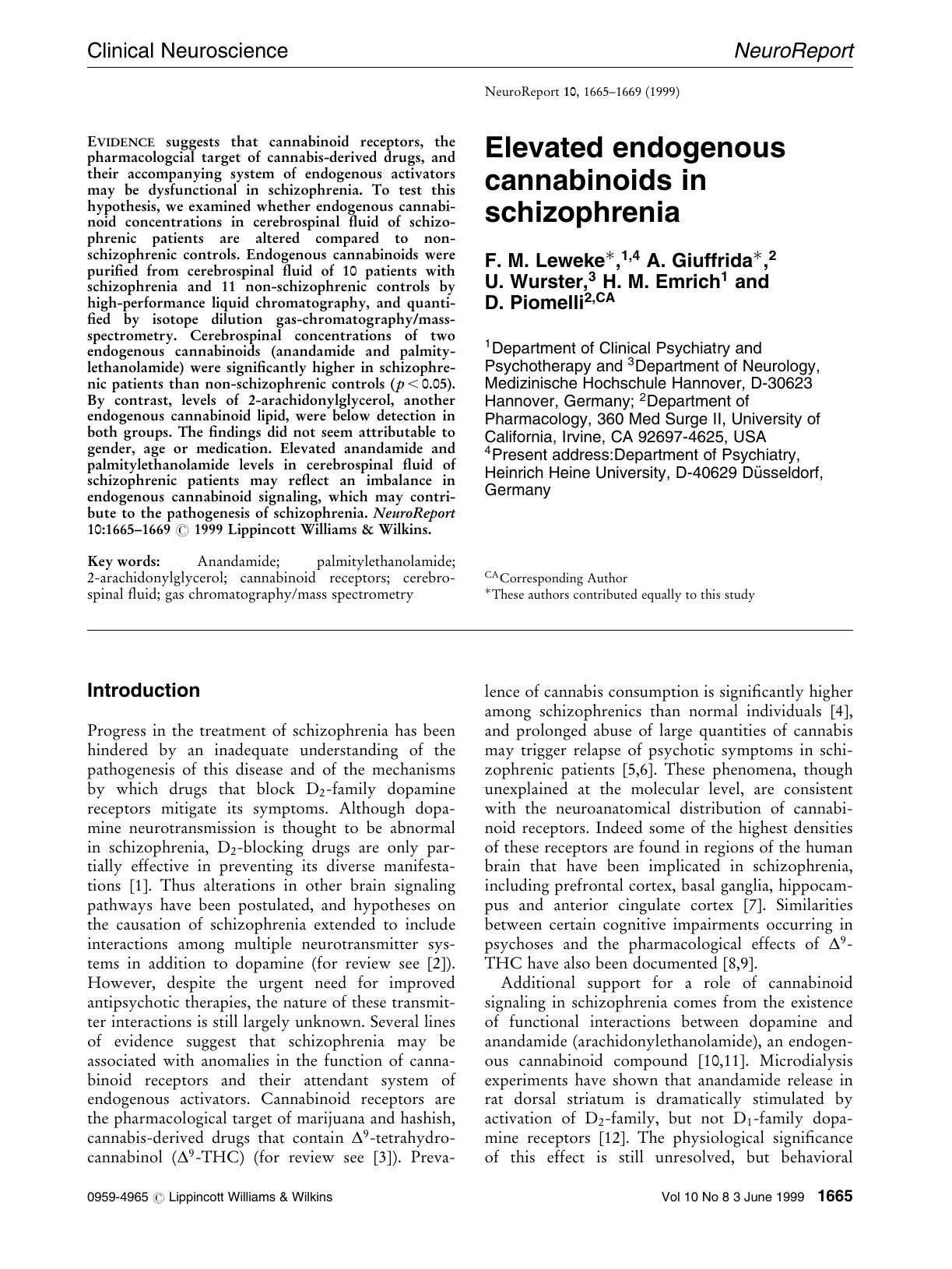 Clinical Neuroscience: Elevated endogenous cannabinoids in schizophrenia by F. M. Leweke A. Giuffrida U. Wurster H. M. Emrich & D. Piomelli